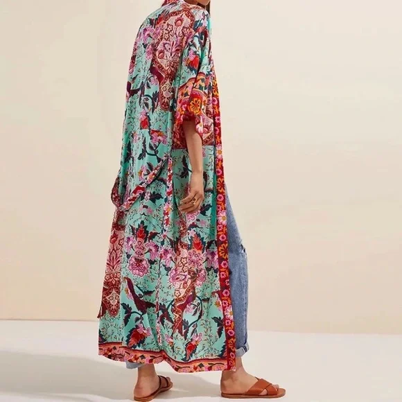 Colorful Red Mint Peacock Floral Bohemian Boho Duster Wrap Kimono Coverup Robe - Picture 6 of 11